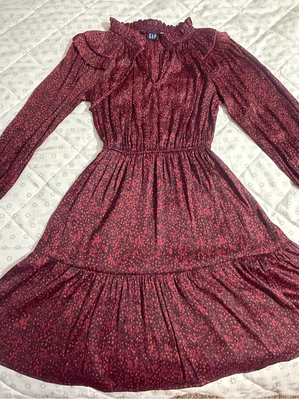 GAP Burgundy Floral Long-Sleeve Tiered Smocked Dress